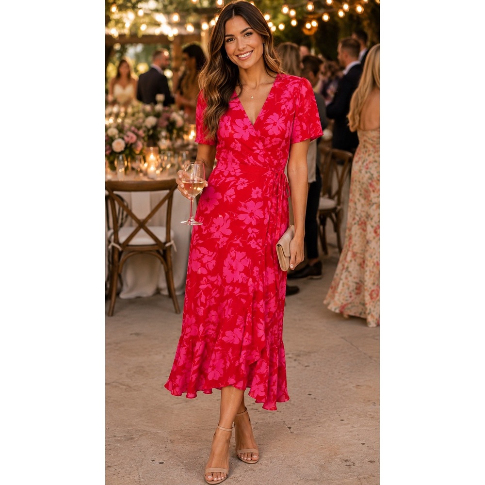 PrettyGarden Red Pink Floral Wrap Dress Short Sleeve Ruffle Hem Midi Small